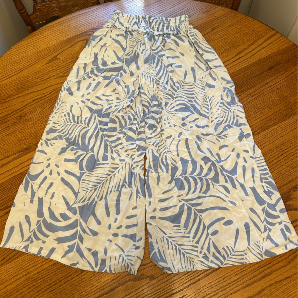 Ocean Drive Blue and Cream Palm Leaf Wide Leg Trouser Pants - Picture 3 of 10